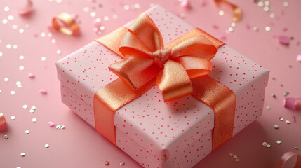 Obraz premium A pink gift box with a peach-colored ribbon and bow sits on a pink background.