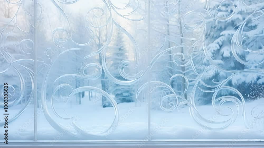 Poster frosty window with ornate swirls is framing a beautiful view of a snow covered forest with a calm an
