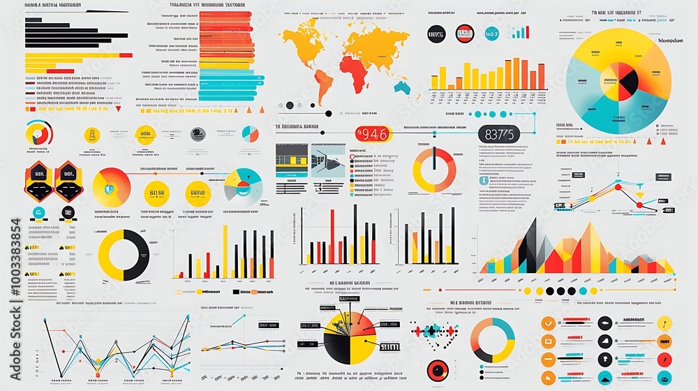 Poster vibrant infographic displaying a collection of diverse charts, graphs, and data visualizations in va