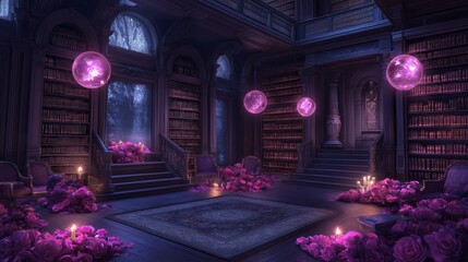 A mystical library filled with glowing orbs illuminating stories of single days in people's lives