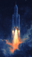 A rocket blasts off into the night sky, leaving a trail of fire and smoke.