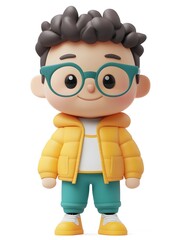 Obraz premium Cheerful and friendly 3D character of a young social media influencer figure in a stylized SD (super-deformed) design, standing against an isolated white background.