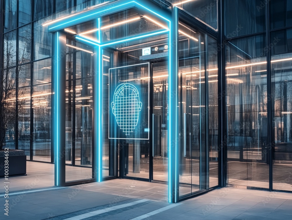 Poster a secure office building entrance with biometric scanners using facial recognition for authenticatio
