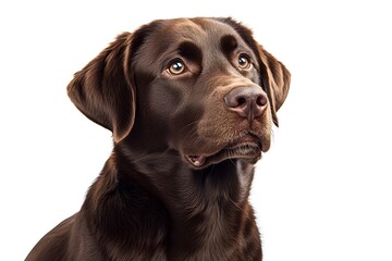 Close-up portrait of an alert and intelligent Labrador Retriever with vivid brown fur against a clean white background