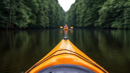 Fototapeta premium Kayaking Through Serene Lake with Pine Trees Adventure Water Sports Nature Photography