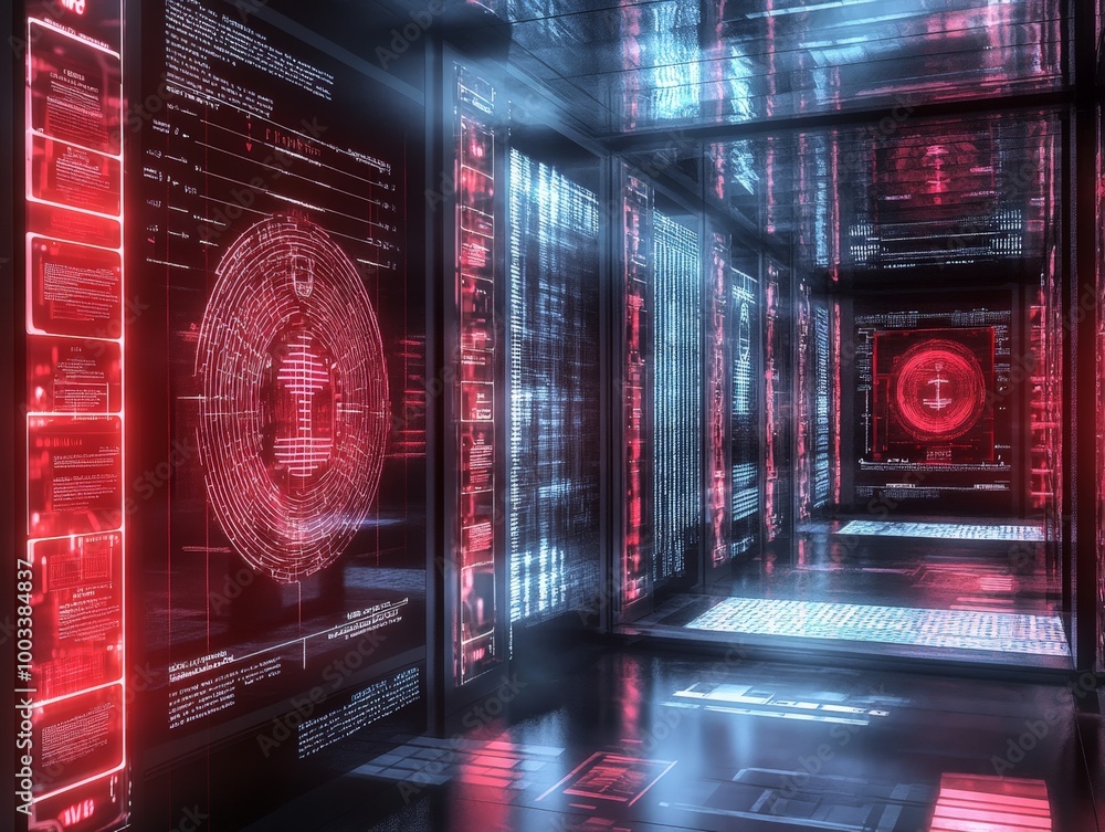 Poster a secure system using biometric identification to grant access, showing a high-tech environment of p