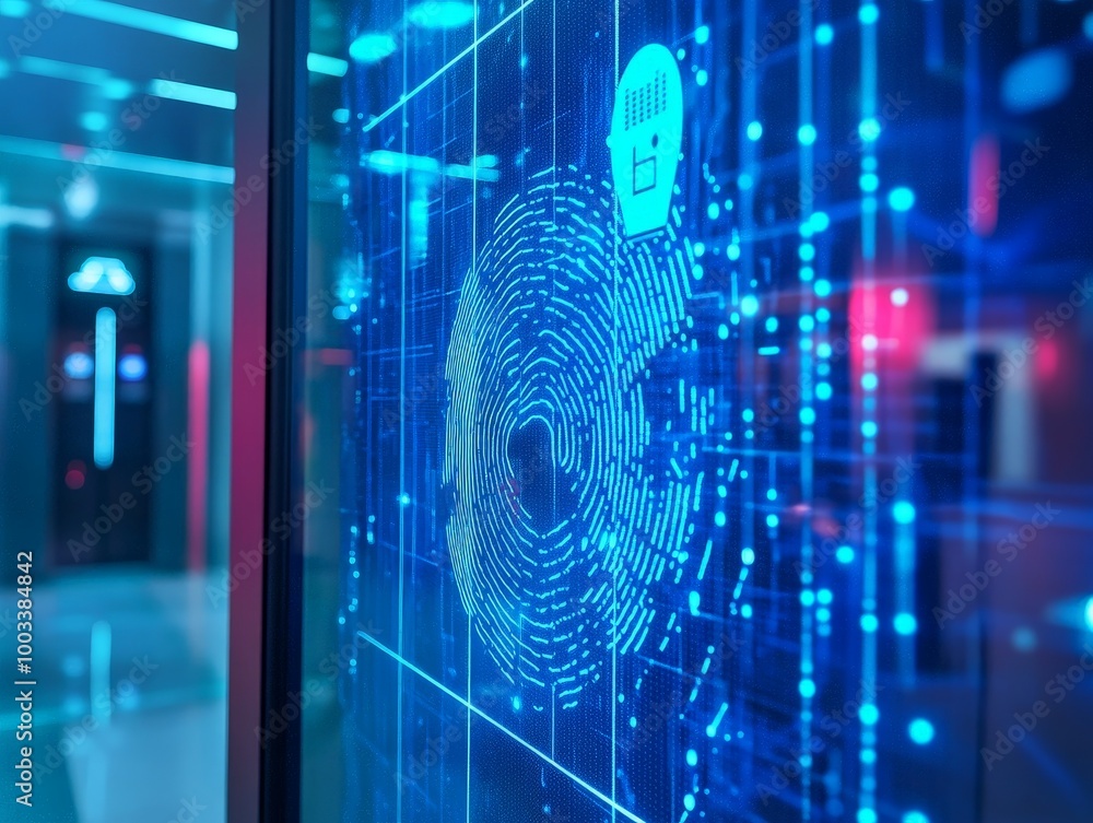 Poster a secure system using biometric identification to grant access, showing a high-tech environment of p