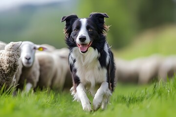 Playful and Intelligent Border Collie Herding a Flock of Sheep in a Bright Scenic Countryside Meadow with Green Grass and Rolling Hills in the Background
