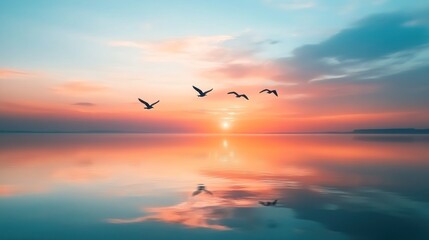 Obraz premium A serene sunset over calm waters with birds flying, reflecting nature's beauty.