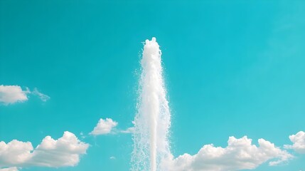 Powerful and beautifully controlled vertical water jet shooting high into the sky from a modern urban architectural fountain