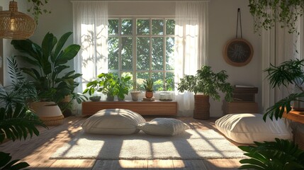 A serene home environment where mindfulness is practiced daily, with plants, natural light, and calming decor promoting a mindful lifestyle.