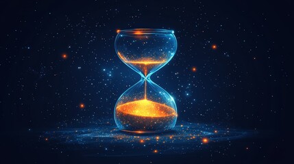 Illuminated hourglass with glowing sand against