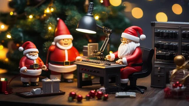 Santa claus is working at his desk with his elves preparing for christmas eve, surrounded by presents and a christmas tree with lights