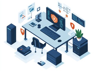 Obraz premium A small office network protected by affordable cybersecurity software, with alerts indicating blocked cyber threats.