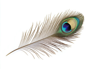 A single peacock feather, iridescent and detailed, against white