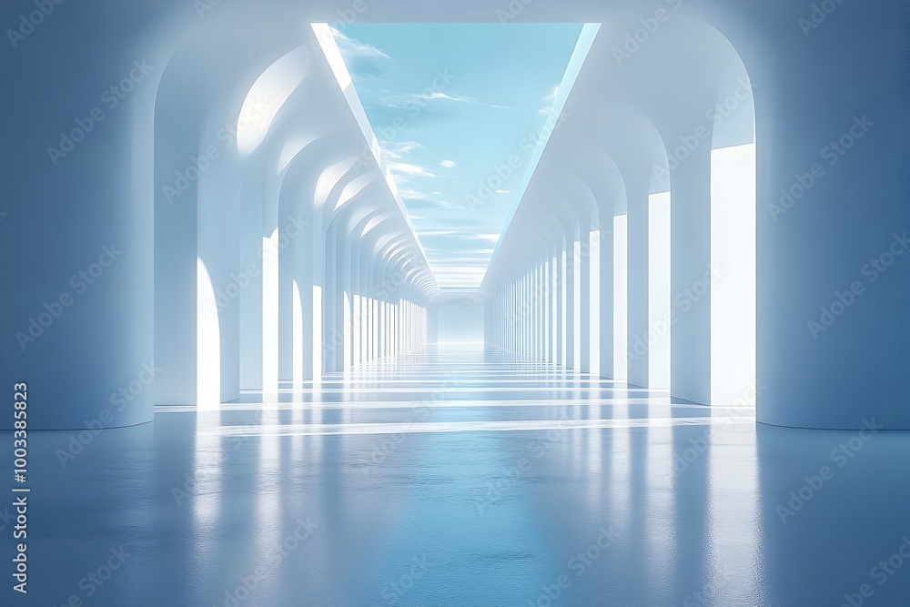 Poster bright clean and futuristic architectural corridor with a minimalist symmetrical design and an illum