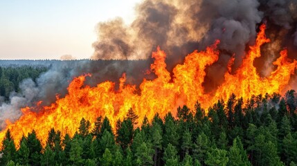 Fototapeta premium Forest Fire Inferno Burning Trees Wildfire Smoke Aerial View
