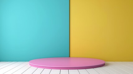 Minimalist Pink Round Podium with Teal and Yellow Walls for Product Display