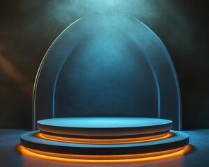 Illuminated Circular Platform with Neon Lights and Smoke