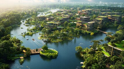 Fototapeta premium A sustainable development project building eco-friendly infrastructure powered by renewable energy, with green spaces and minimal environmental impact.