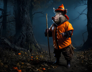 Wild boar wearing a witch's robe and hat