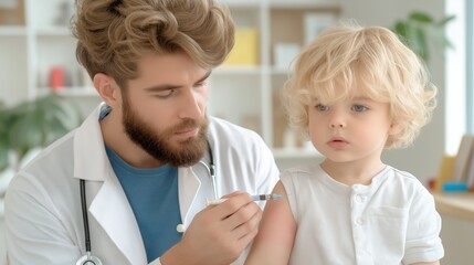 Obraz premium Young child seeking medical care while doctor examines a rash in a warm, sunlit room filled with natural light
