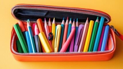Photograph a vibrant pencil case opened to reveal an assortment of colorful pens, pencils, and erasers, arranged in an organized and eye-catching manner