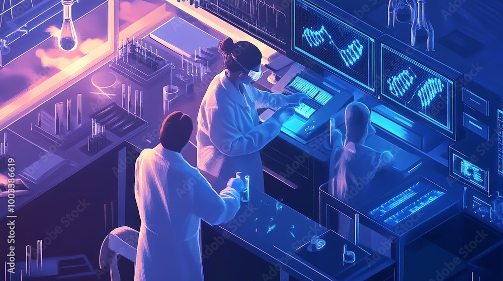 Poster a team of researchers in a biology lab, experimenting with crispr and gene editing technologies to e