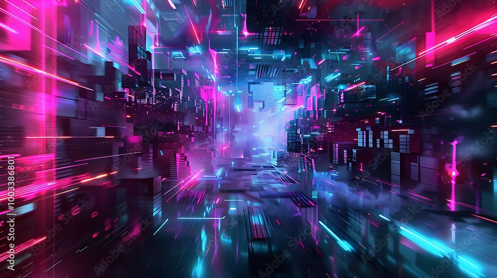 Aufkleber digital rendering of a tunnel with vibrant neon lights.