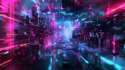 Fototapeta premium Digital rendering of a tunnel with vibrant neon lights.