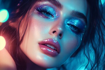 Naklejka premium A glamorous woman showcasing sparkling blue makeup against a stunning bokeh light background in an elegant setting