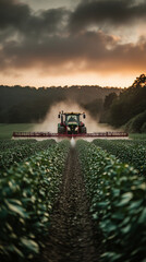 Fototapeta premium A red tractor sprays crops in a field at sunset.