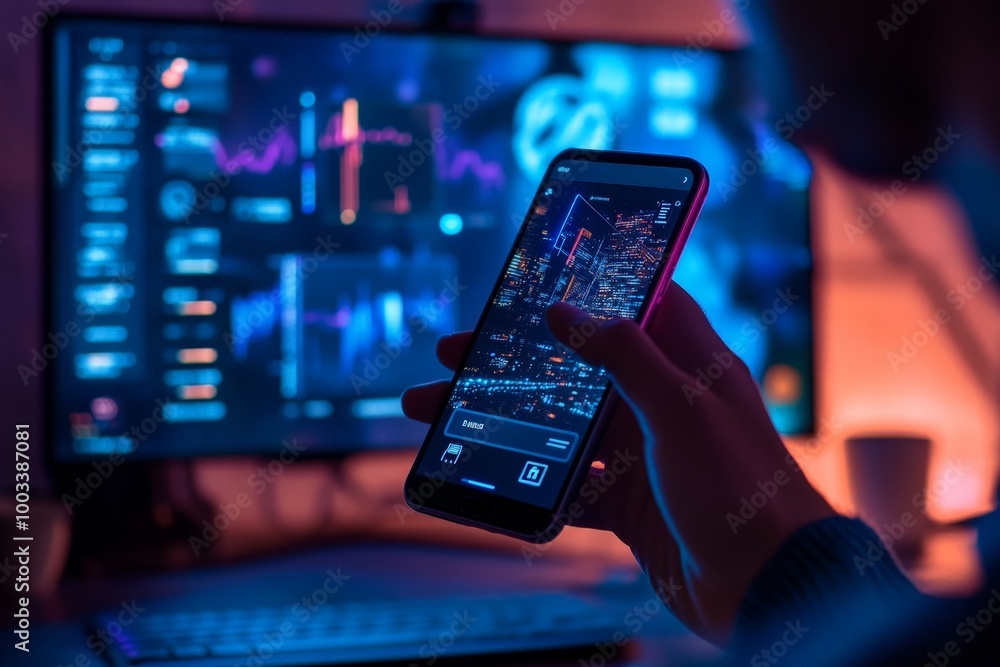 Poster a user managing their personal cybersecurity devices through a smartphone app, ensuring safe browsin