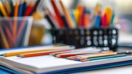 Photograph artistic school supplies such as sketchbooks, colored pencils, and paintbrushes, arranged in a creative and inspiring way for budding artists.