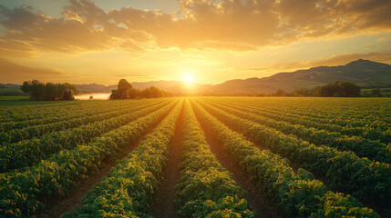 Obraz premium Sunset over a vast field of crops, with tractors working in the distance.