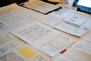A UX design process visualized by wireframes, user flow charts, and final high-fidelity app prototypes.