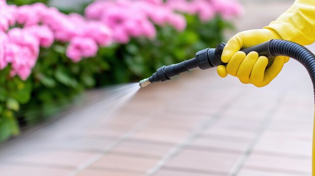 Technician using hydro jetting technology for effective outdoor drain cleaning amidst blooming flowers