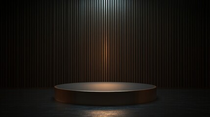 A Circular Podium with a Golden Rim in a Dark Room with Vertical Wood Paneling