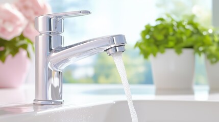 Water cascades into a gleaming stainless steel sink, showcasing the beauty of everyday kitchen plumbing in bright morning light
