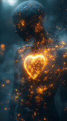fiery heart: dark, abstract figure with glowing heart illustration - 3d render