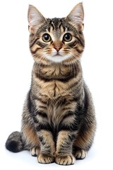 Obraz premium image of a full body Manx cat sitting on a plain white background looking directly at the with its bright and clean appearance