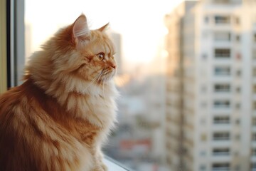 A regal Persian cat perched elegantly on a window sill gazing out at the captivating cityscape beyond with the warm glow of the sunset casting a tranquil ambiance over the serene setting