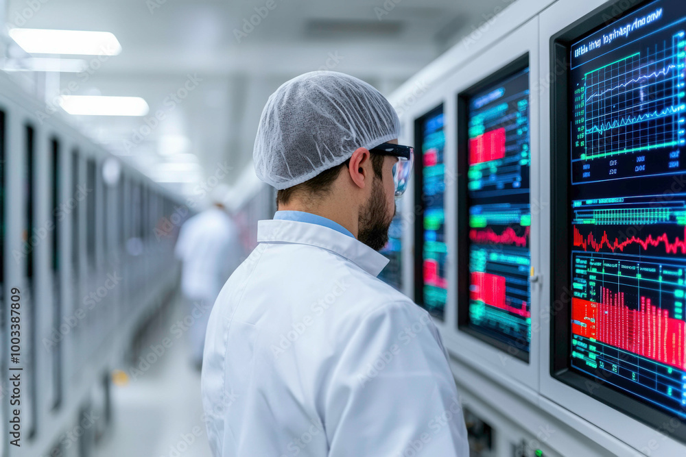 Poster laboratory technicians monitor real-time data displayed on advanced control panels to ensure that ph