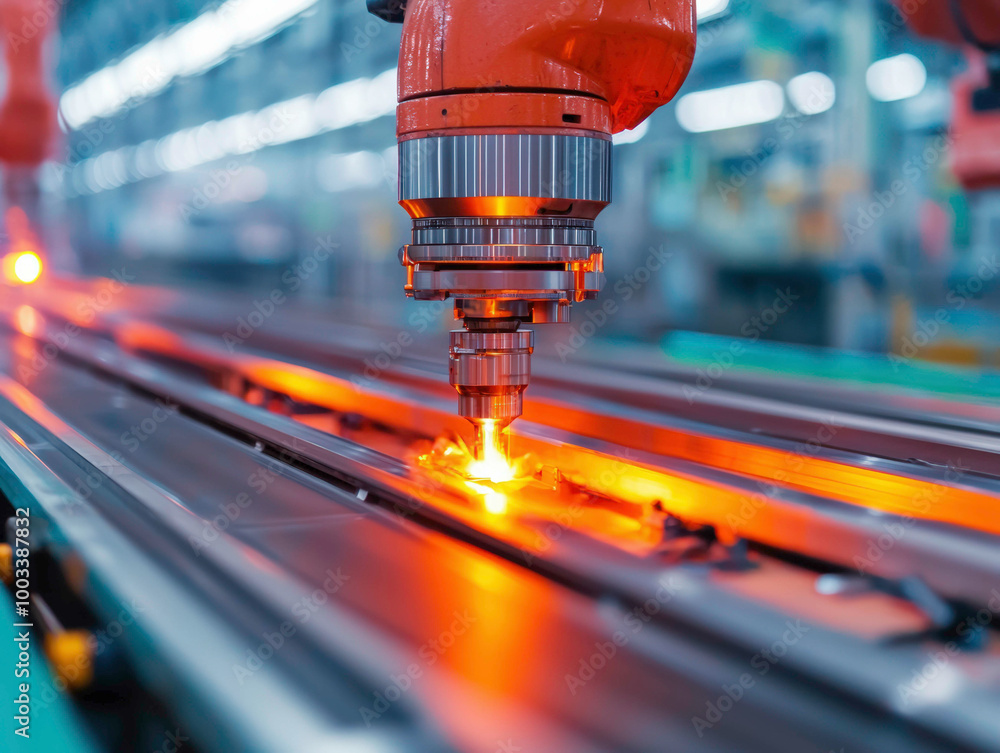 Aufkleber a robotic arm performs precise laser cutting in a high-tech factory, showcasing advanced automation 