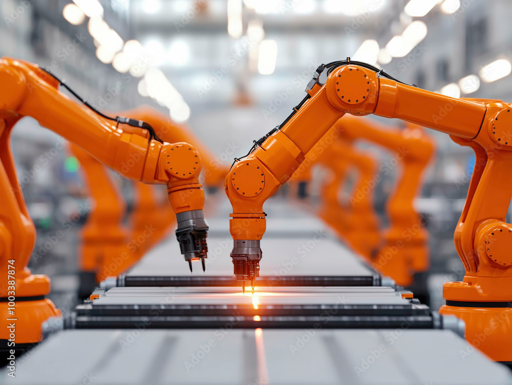 Aufkleber automated robotic arms precisely work in unison on an advanced manufacturing assembly line, ensuring