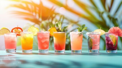 Summer Tropical Holiday Cocktails: A Row on Bright Background with Hard Directional Sun Shadow