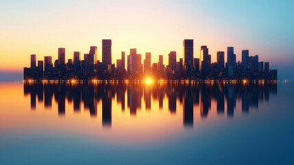 Obraz premium Cityscape Skyline Reflection at Sunset Urban Architecture City Lights Modern Building