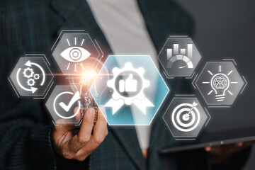 A business professional showcasing best practice concepts using futuristic icons and technology,...