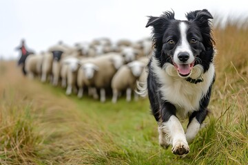 Fototapeta premium A playful and energetic Border Collie herding a flock of sheep across a lush green countryside landscape The working dog showcases its intelligence and agility as it expertly guides the herd