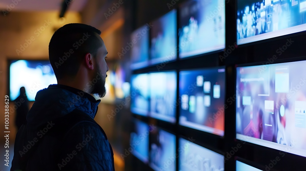 Poster man stands in front of a wall of digital displays, looking at the various images and information on 